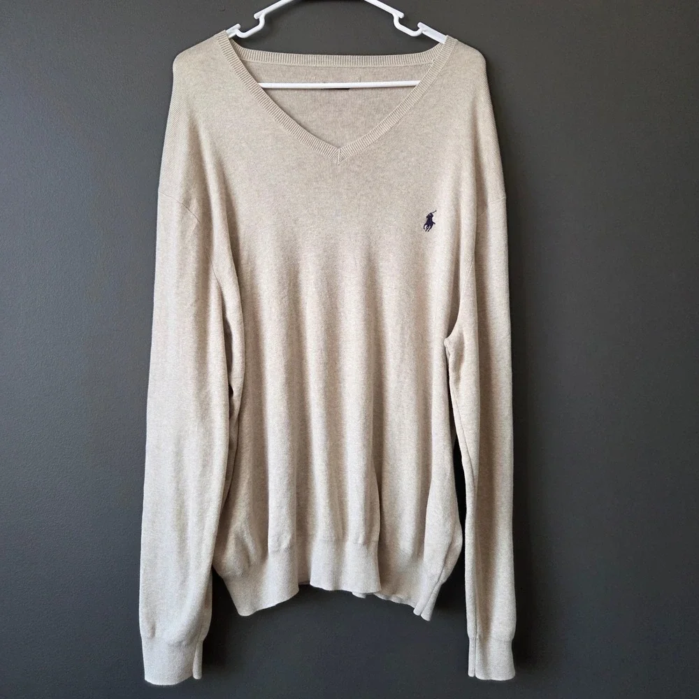 Polo Ralph Lauren Mens Tan Pima Cotton V Neck‎ Long Sleeve Sweater XL READ Desc.